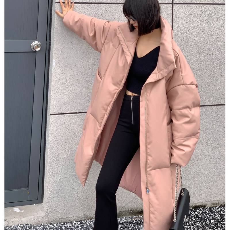 女粉色设计感口袋长外套长款棉衣2023年冬季新款蛋白仿皮长款