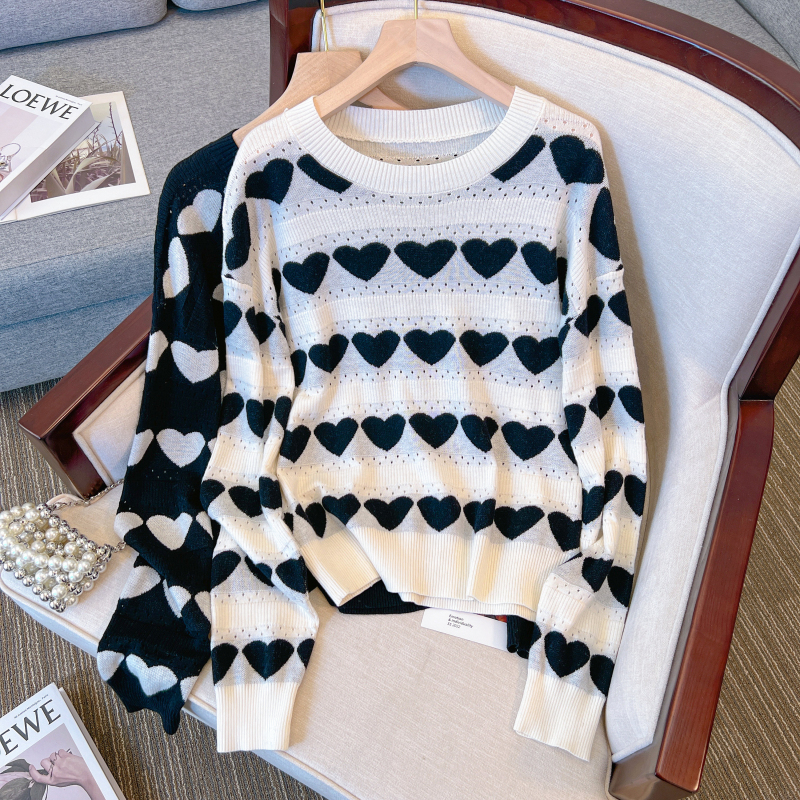 大码女装2024冬装撞色宽松慵懒百搭爱心条纹套头针织毛衣