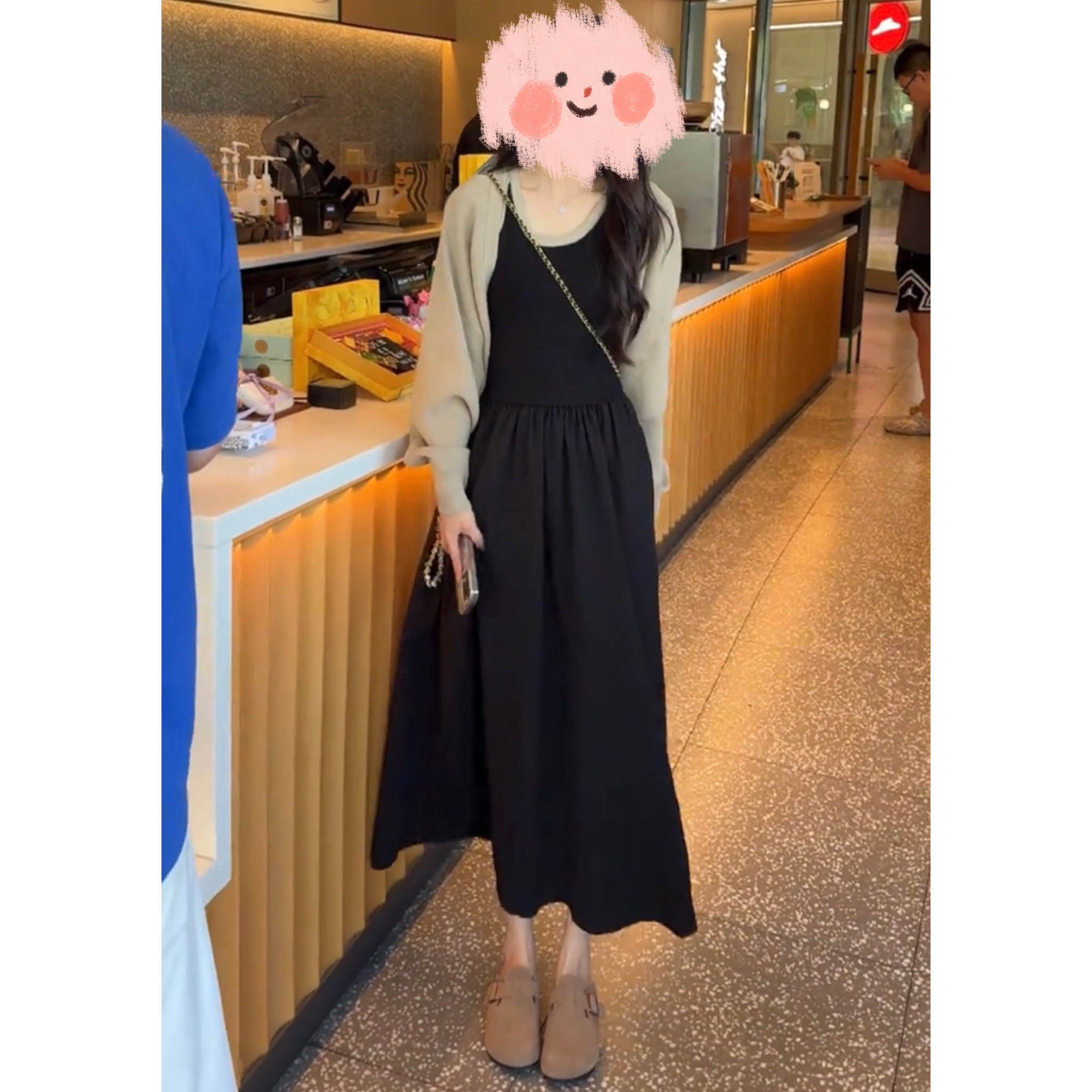 早秋新款时尚针织开衫拼接法式连衣裙套装