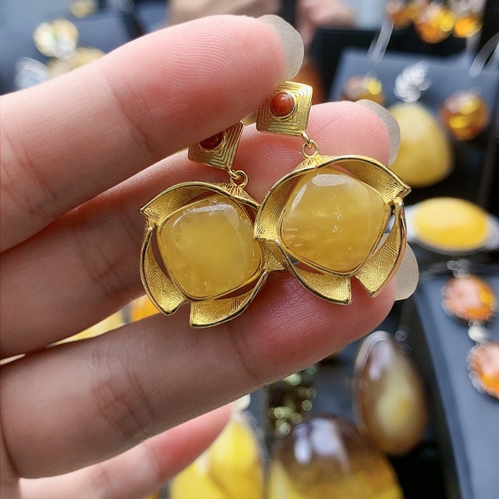 琥珀裸石银S925镶嵌耳坠