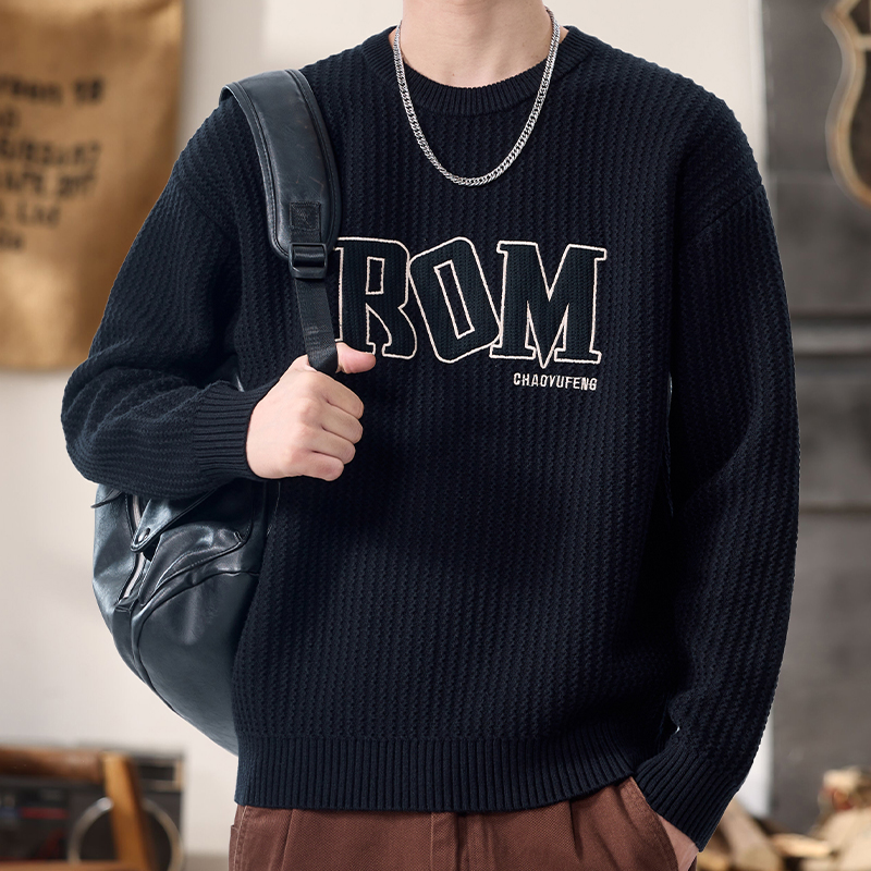 高端时尚粗线毛衣男宽松大码套头刺绣长袖打底衫毛线卫衣男装外套