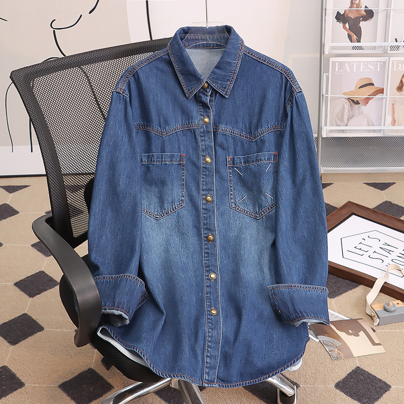 保暖时尚水洗棉加绒牛仔衬衣女春秋长袖宽松休闲叠穿打底加厚衬衫