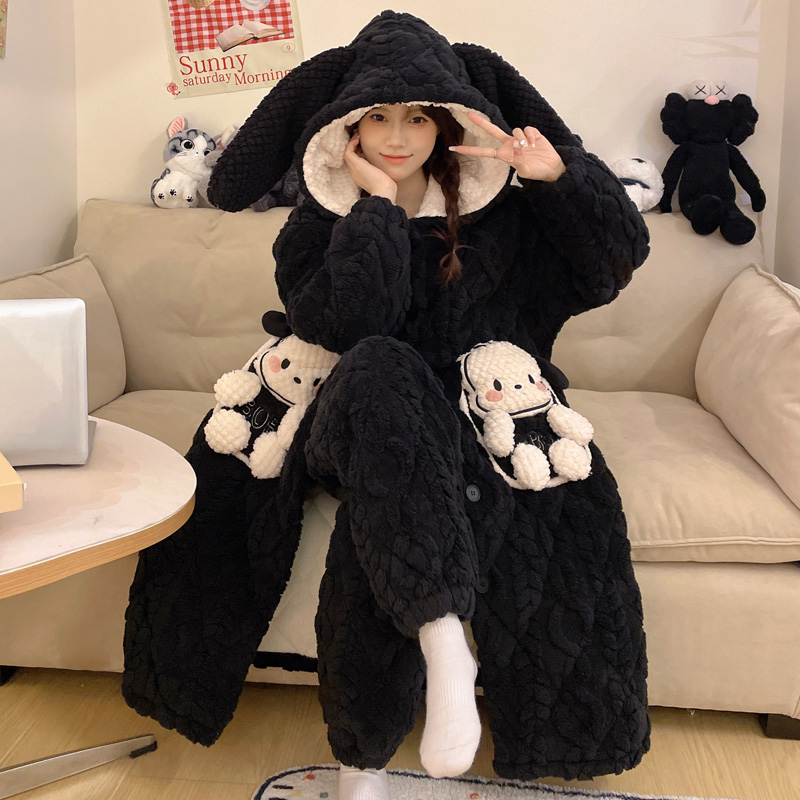 三层夹棉加厚加绒睡袍可外穿冬季睡衣女士卡通珊瑚绒家居服 9000
