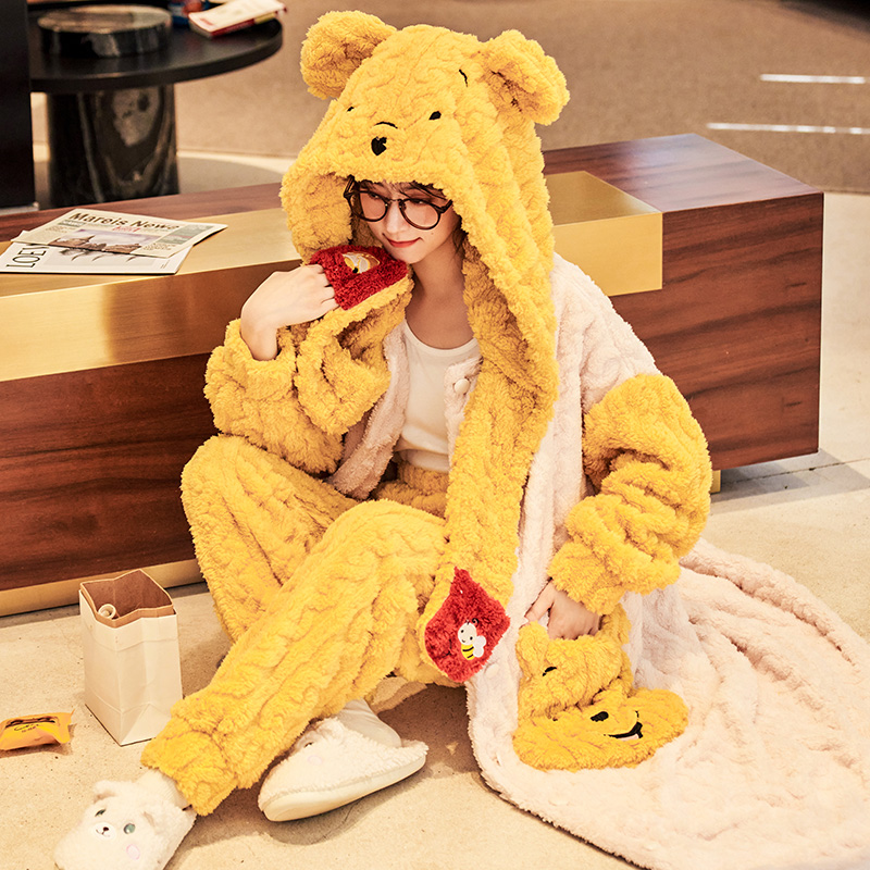 法兰绒睡袍女秋冬季睡衣连帽加厚保暖珊瑚绒卡通家居服套装 2209