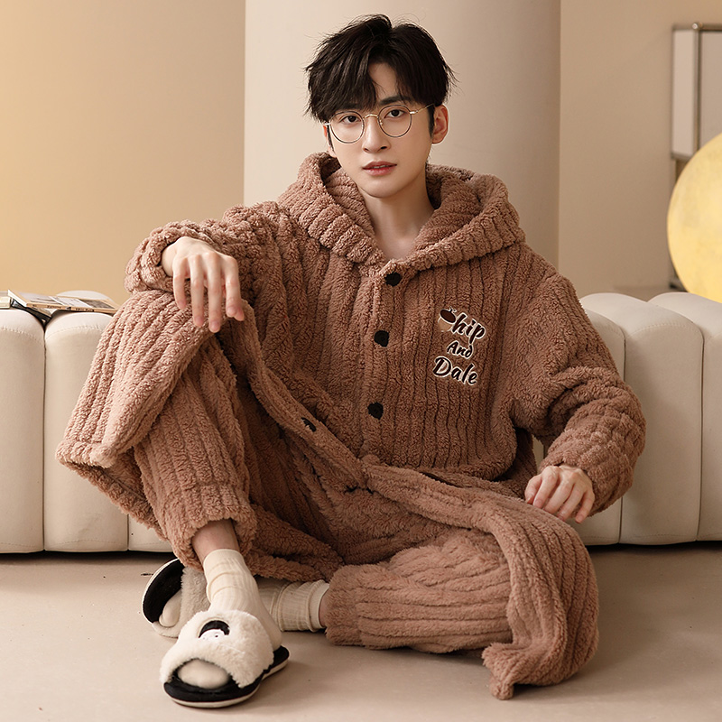男士珊瑚绒睡袍连帽保暖秋冬季法兰绒睡衣男宽松家居服套装 1240