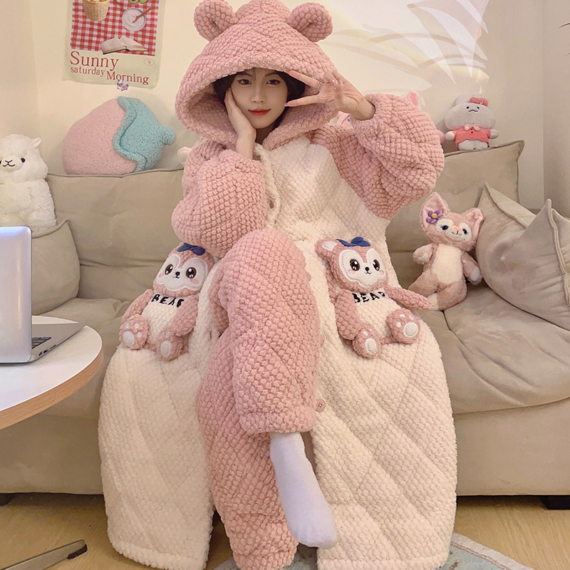 三层夹棉加厚睡袍冬季法兰绒卡通可爱珊瑚绒睡衣女士家居服 8965
