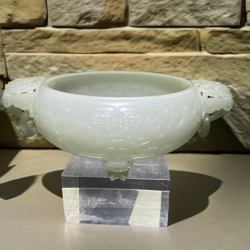 新疆和田玉且末料双耳水洗 香炉 摆件