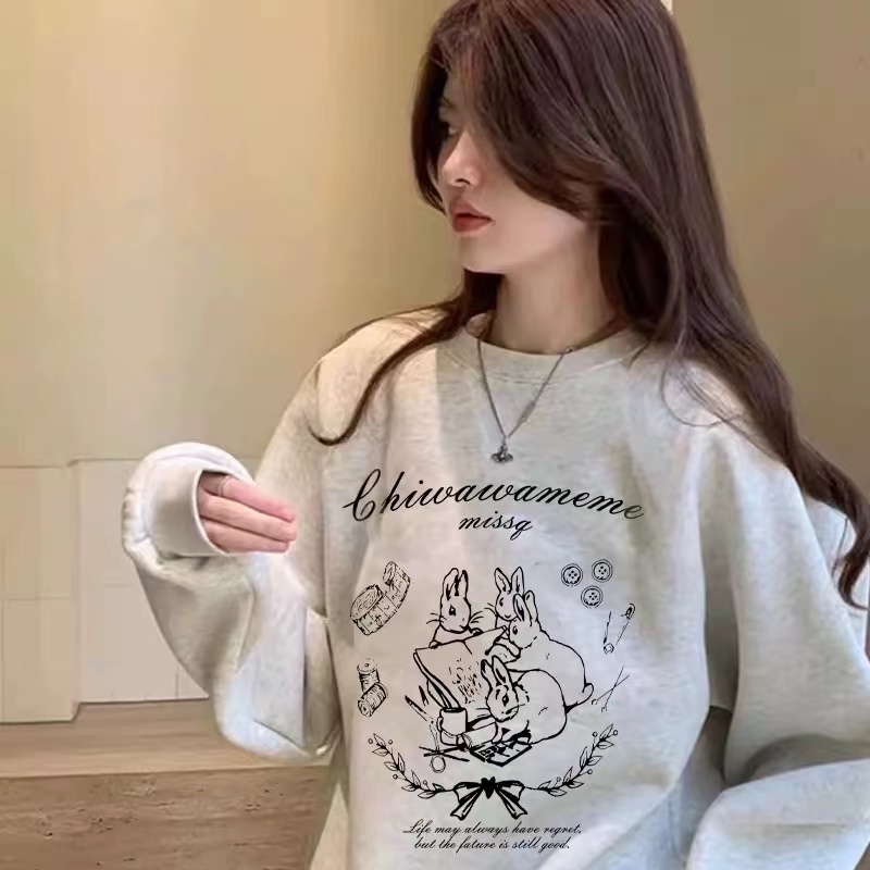 素描兔字母印花落肩男女圆领情侣连帽加绒卫衣秋冬爆款上衣慵懒风