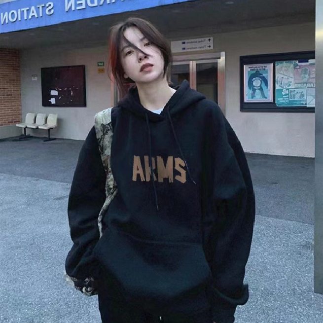 ARMS字母印花落肩男女款圆领情侣连帽加绒卫衣秋冬爆款上衣慵懒风