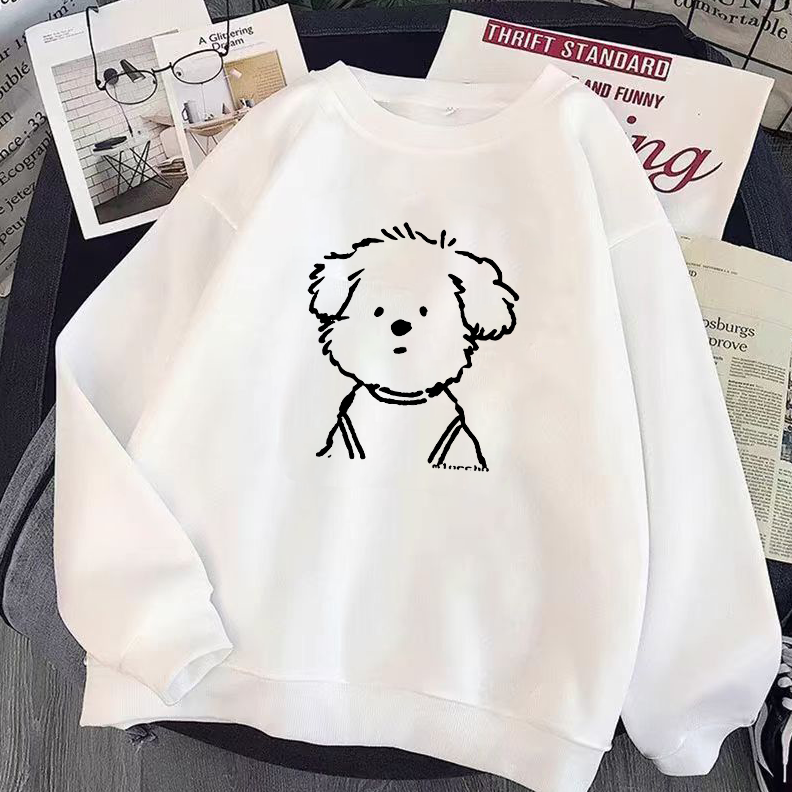 潦草小狗情侣印花落肩男女同款圆领连帽加绒卫衣秋冬爆款百搭上衣