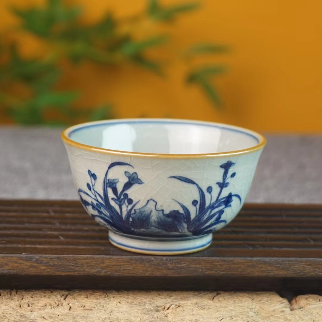 054柴窑老陶泥开片梅兰菊竹 兰 柴窑手绘主人杯单杯客杯大容量