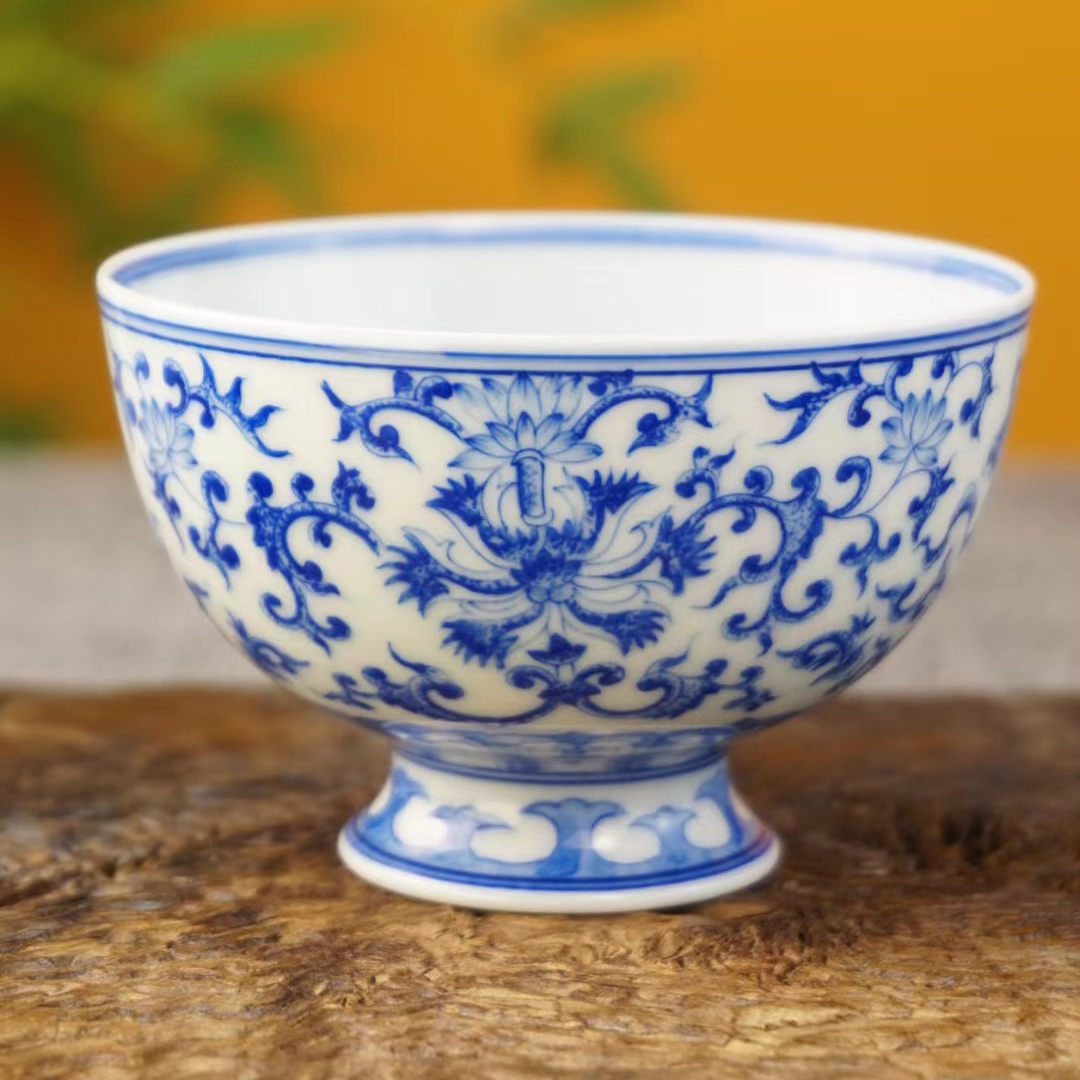 景德镇素锦山房纯手工手绘青花瓷高足緾枝花卉主人杯品茗杯釉下彩