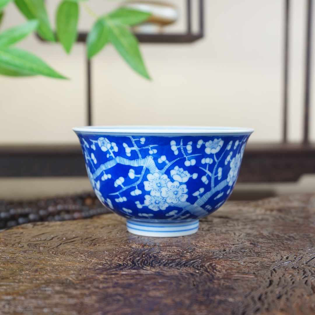 素锦山房手绘蓝地冰梅主人杯景德镇纯手工陶瓷柴窑花纹品茗杯茶杯