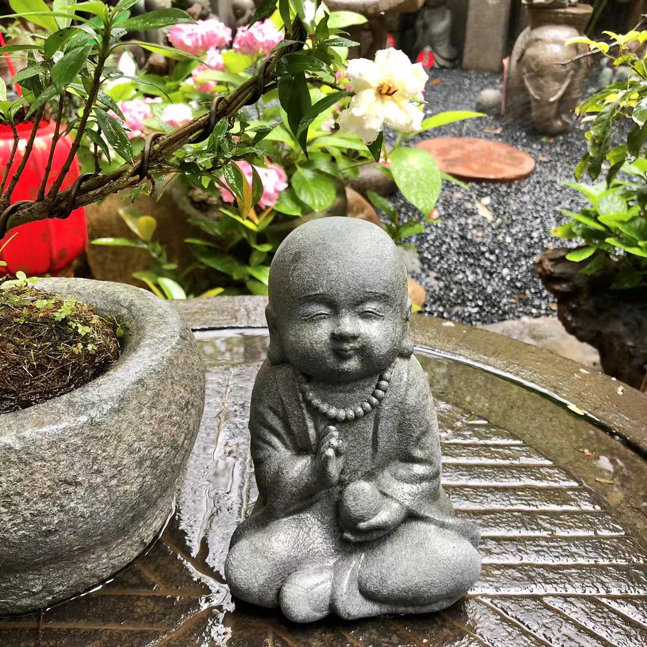 邑园寿桃沙弥桌面摆件中式庭院小和尚装饰品