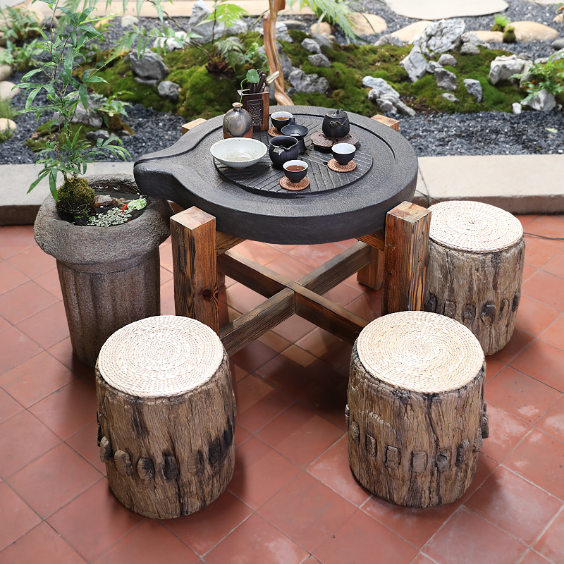 创意石磨茶盘泡茶桌新中式禅意茶台功夫茶桌椅组合户外家用小茶台