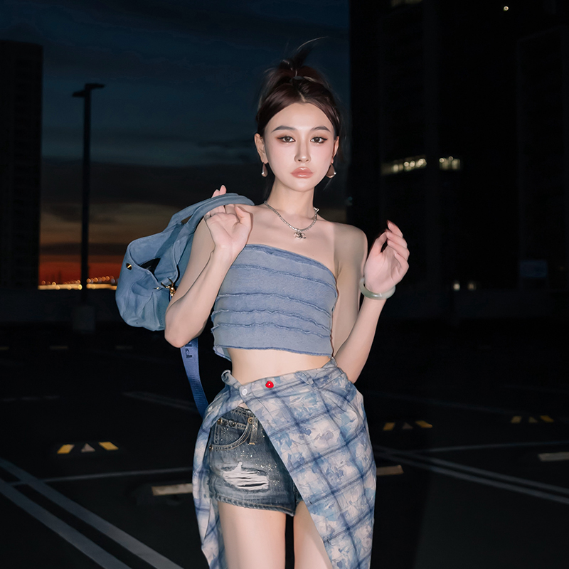 【花粉专享】海边度假风甜酷露脐抹胸小众纯欲修身显瘦性感辣妹背心