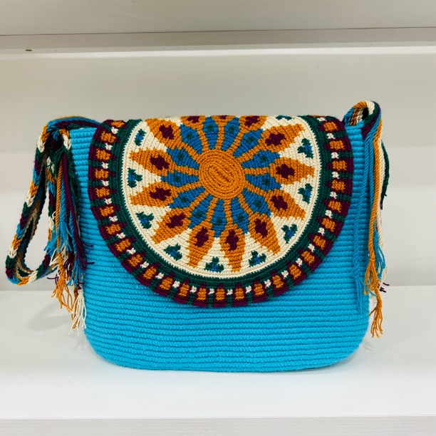 Wayuu民族风情包纯色翻盖包扁底手工休闲蓝色时尚