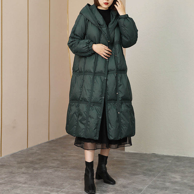 冬季新款韩版拼接格子上衣女连帽过膝长款时尚休闲宽松保暖羽绒服