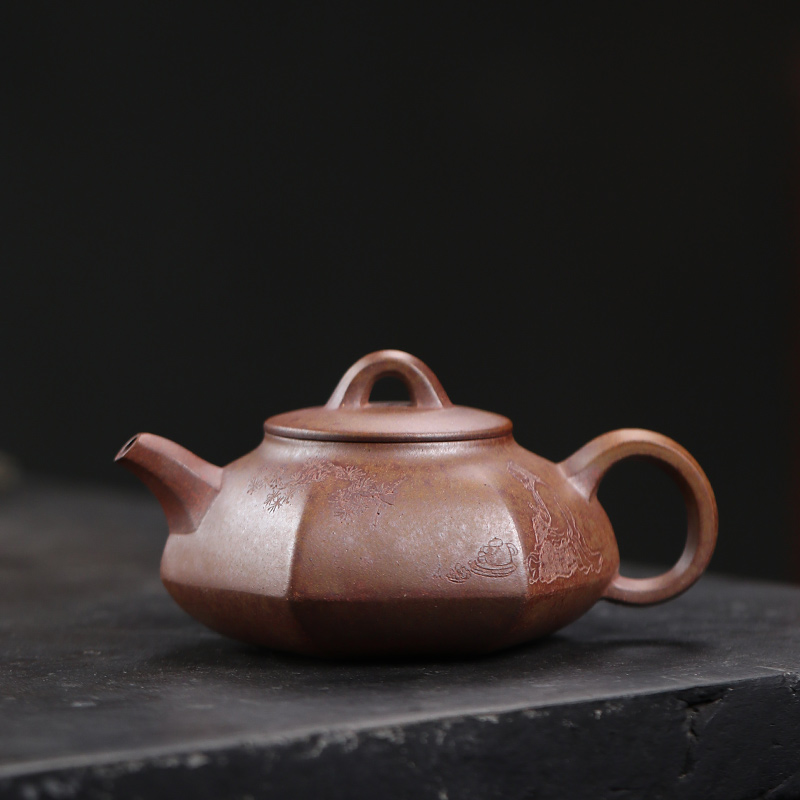 大吉羊柴烧 宜兴紫砂壶茶壶 原矿本山绿泥六方合扁240ml庄杰