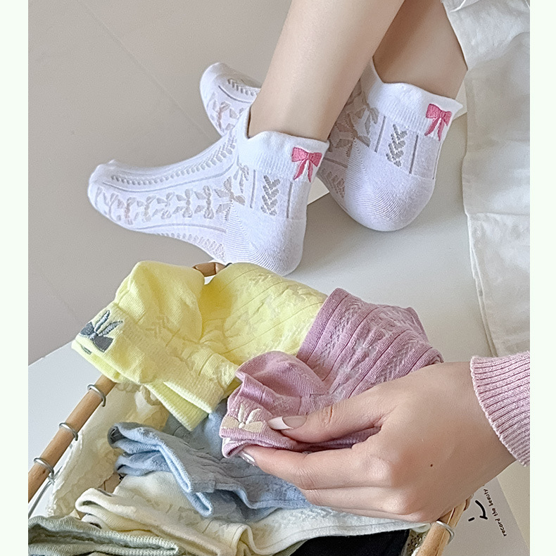蝴蝶结袜子女短袜夏季薄款透气网眼低帮短筒袜ins潮白色芭蕾风袜