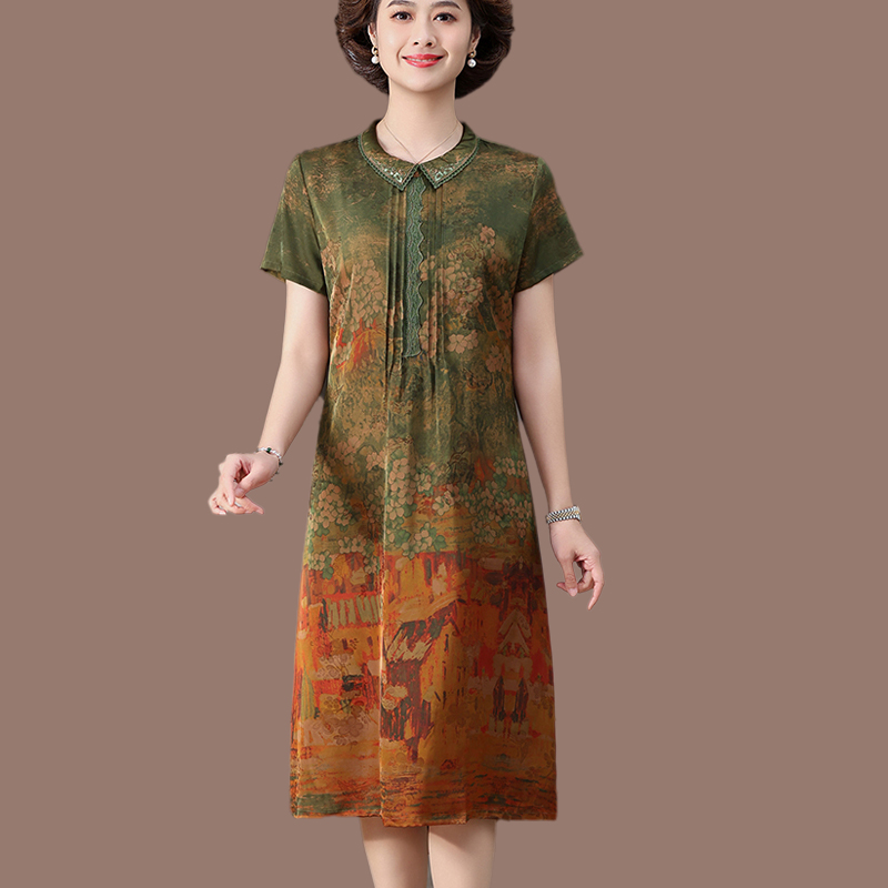 高贵妈妈夏季重磅桑蚕丝连衣裙中老年女装宽松大码洋气印花遮肚裙