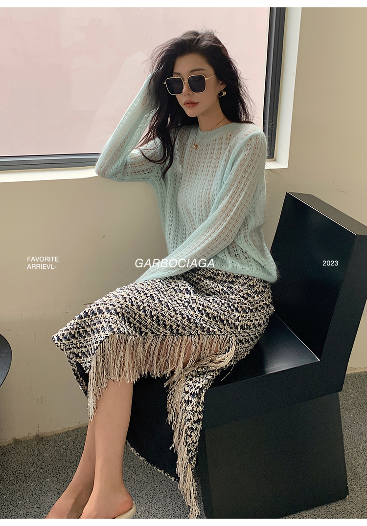 龙喜儿我形我束 黑白格纹小香风流苏开叉半身裙子9755