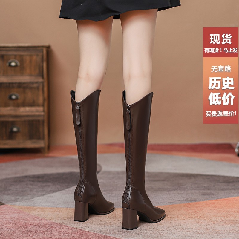 增高长靴女真皮秋冬季新款高跟显瘦v口粗跟长筒靴棕色骑士靴