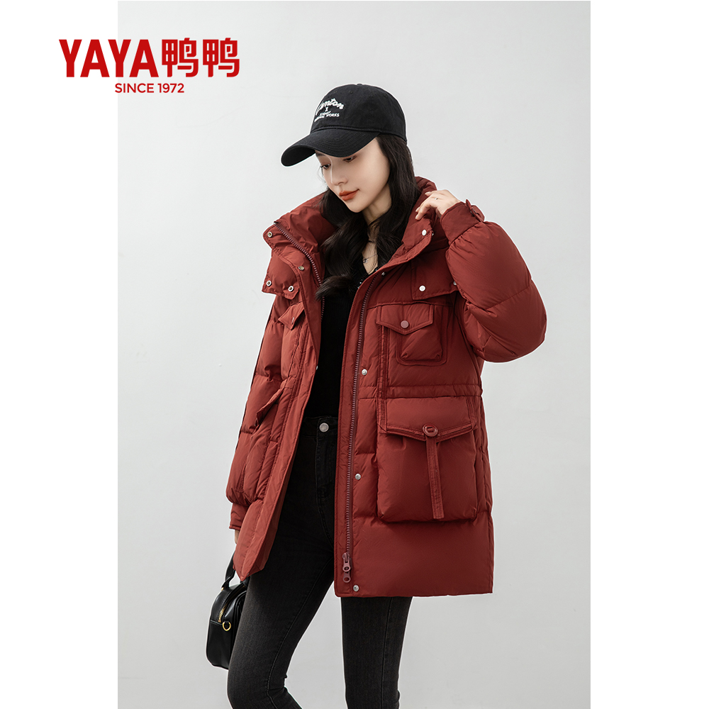 鸭鸭羽绒服女2024年冬季新品宽松显瘦连帽鸭绒工装保暖外套v