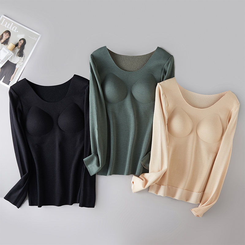 真丝拉绒保暖内衣绒面100%桑蚕丝内养外暖修身不紧绷免穿文胸上衣