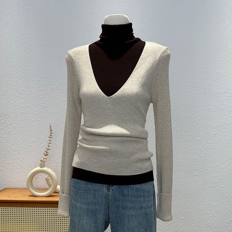 美式辣妹假两件长袖针织衫女秋冬堆堆高领修身显瘦打底衫独特上衣