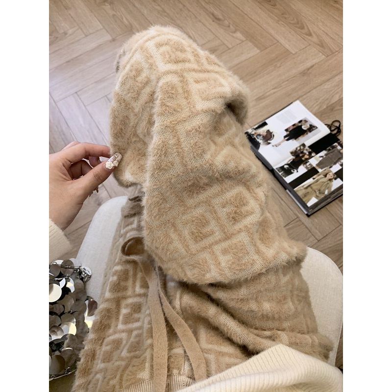 加厚水貂绒提花针织阔腿裤女秋冬高腰垂感直筒宽松休闲毛绒拖地裤