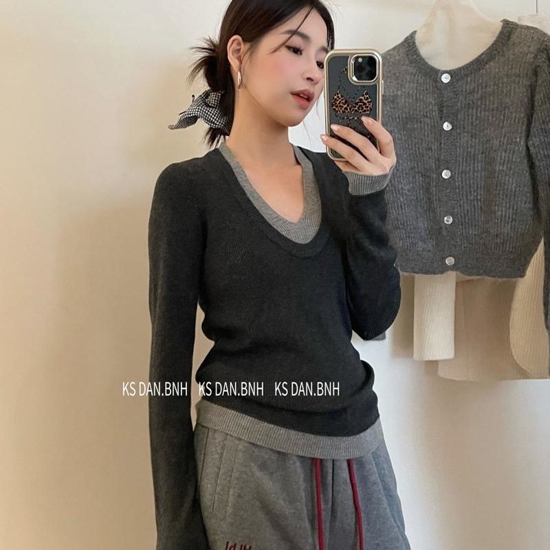 假两件撞色v领长袖针织衫女2024新款早秋宽松显瘦内搭打底衫上衣