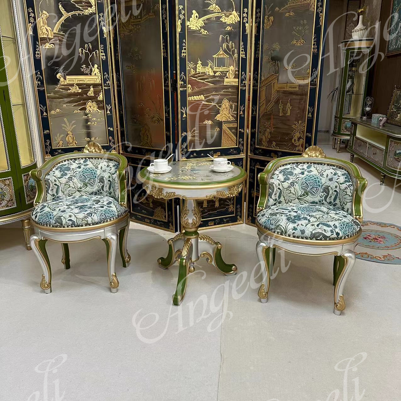 安集丽法式全实木休闲椅圆几沙发边几家具雕花奢华欧式边桌休闲桌