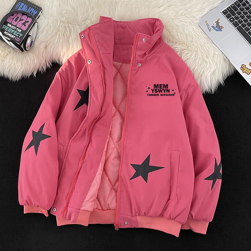 美式复古小众设计星星字母印花棉服男加厚休闲帅气百搭面包服男潮