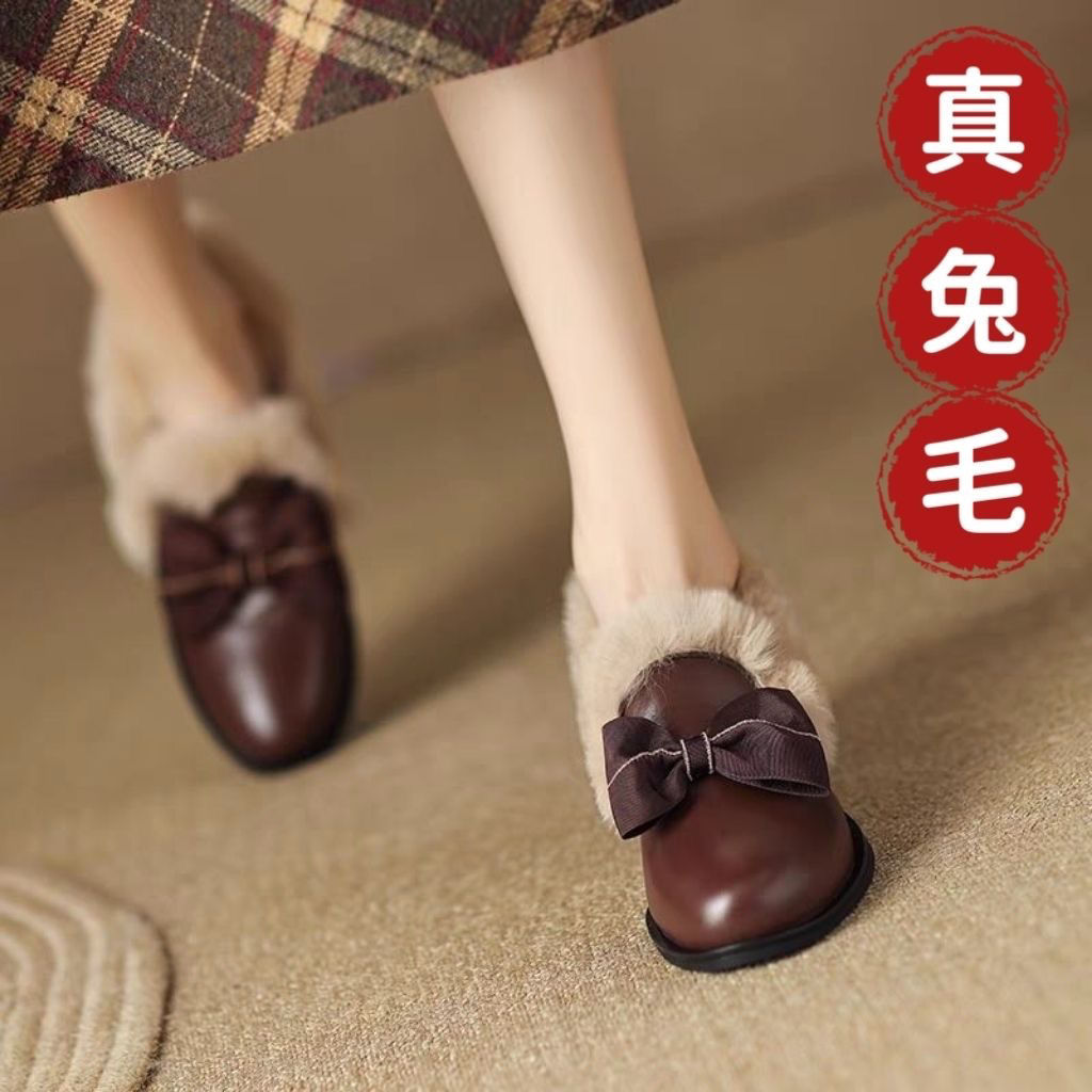 加绒乐福鞋粗跟一脚蹬复古中跟毛毛鞋外穿皮鞋中跟豆豆鞋女冬新款