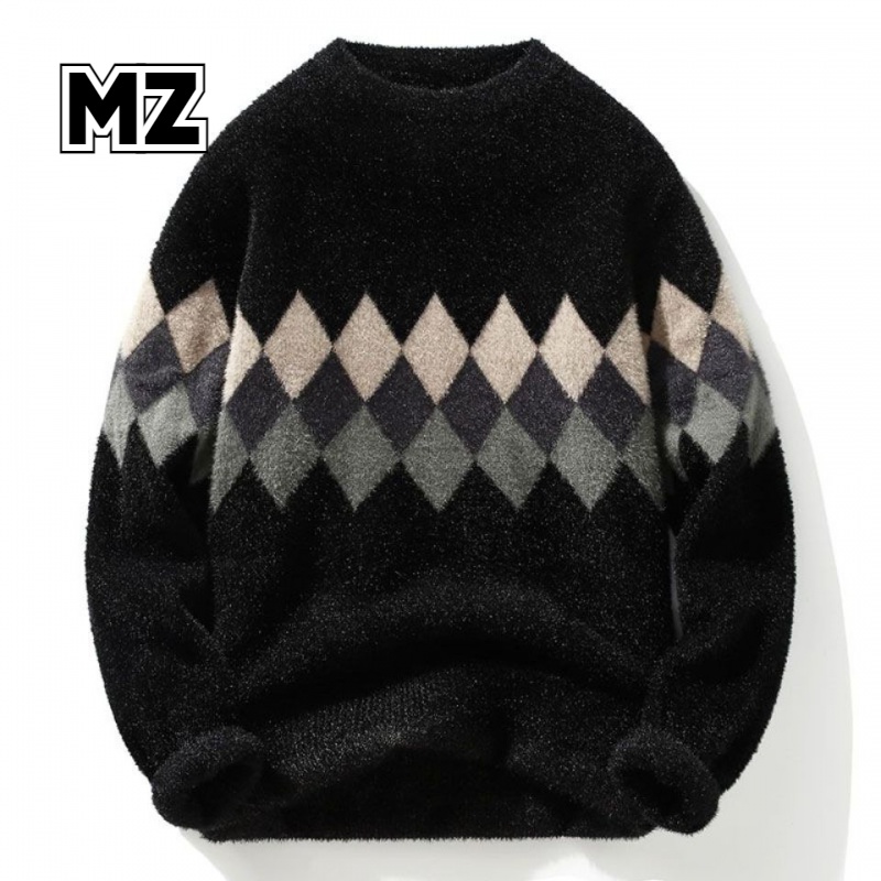 仿水貂绒毛衣男半高圆领菱形针织打底衫加绒加厚学生潮流冬季上衣