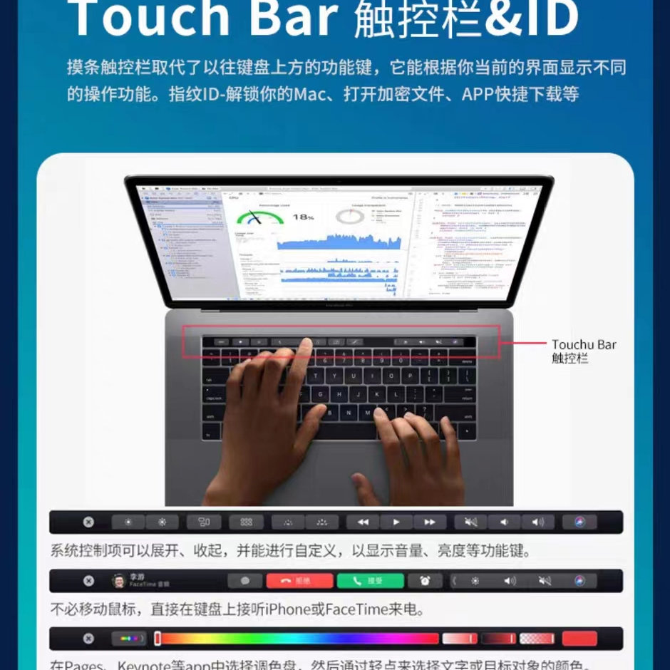 95新 Apple/苹果 18款15.4寸带触控条酷睿I7 16G 256g固态独显4g