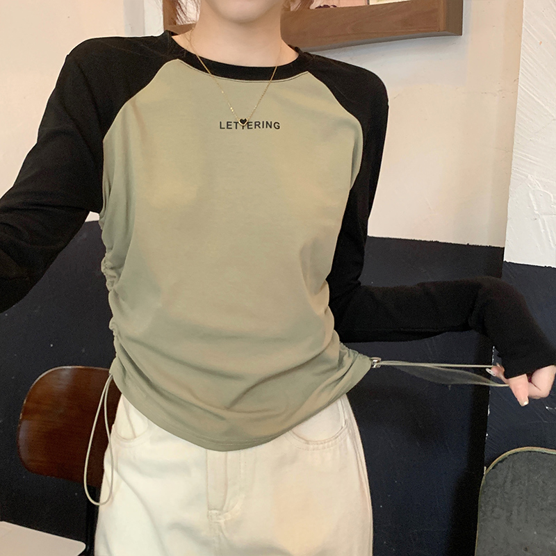 哺乳衣外出短款撞色t恤女长袖秋季产后抽绳收腰显瘦插肩喂奶上衣