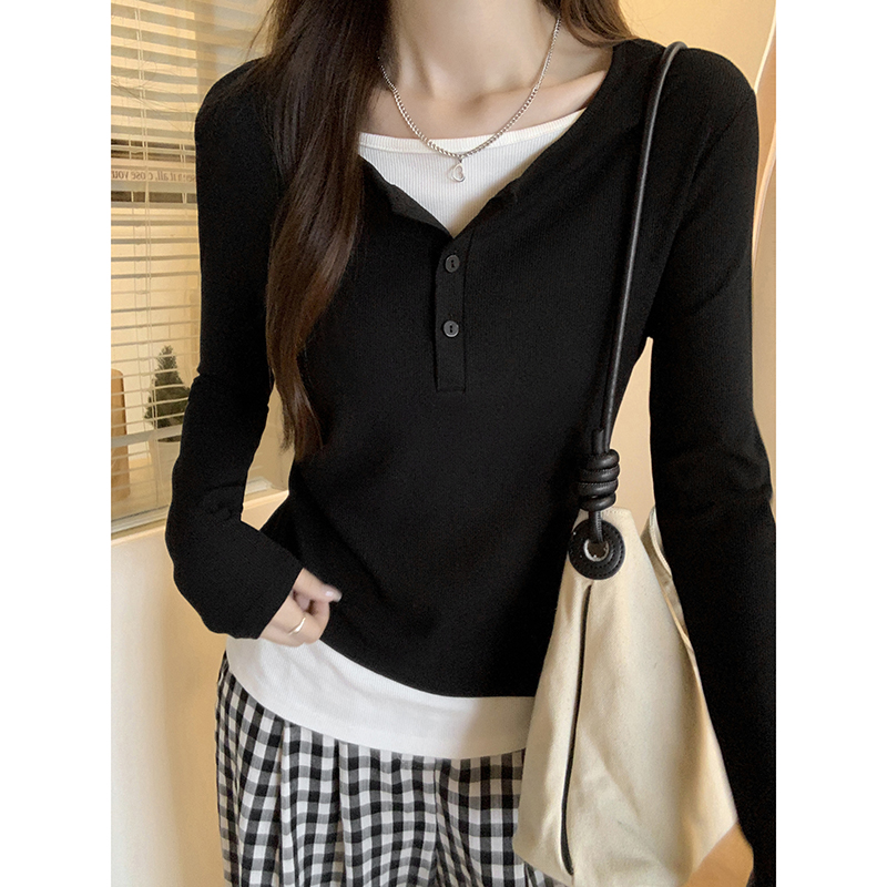 2024春秋外出哺乳衣假两件撞色拼接长袖T恤女秋季宽松显瘦喂奶衣