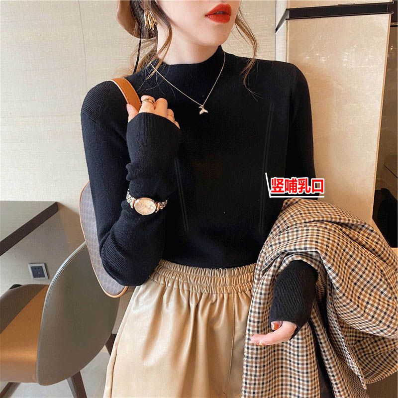 针织衫哺乳女半高领打底衫内搭秋冬毛衣2023新款产后早秋喂奶上衣