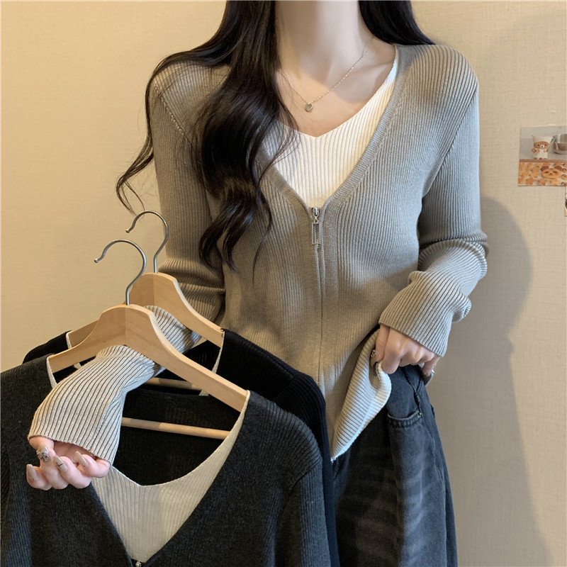 哺乳假两件双头拉链针织开衫女宽松大码毛衣外套秋冬内搭喂奶上衣