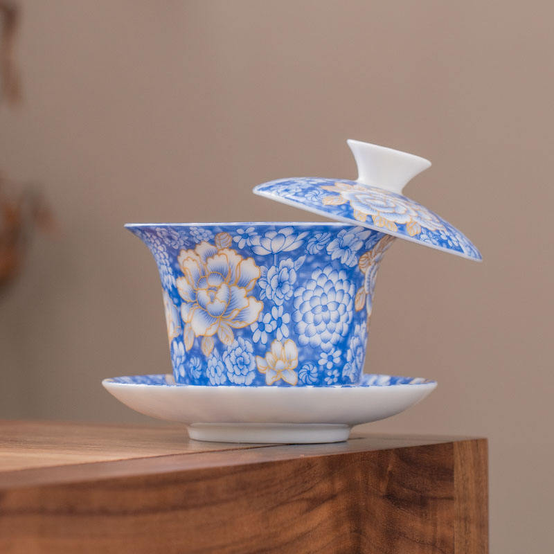 青花悬停三才盖碗家用手工中式泡茶碗敬茶碗高档礼品功夫茶具茶杯