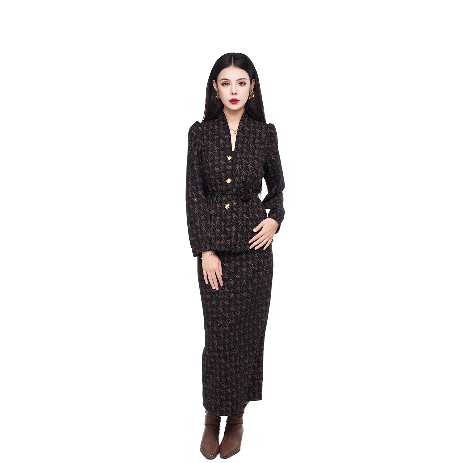 无腰带复古黑咖色外套秋冬气质高腰半身裙时尚两件套[黑咖套装]