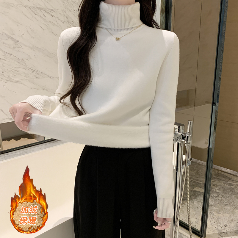 秋冬新款打底内搭高领长袖针织衫上衣加厚洋气加绒加厚毛衣女白色