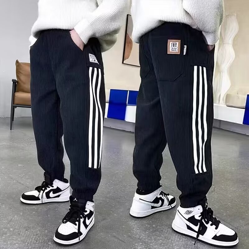 男童灯芯绒运动裤子春秋装2023新款中大童一体绒保暖休闲束脚长裤