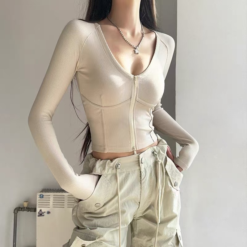 长袖瑜伽服女双拉链V领修身鱼骨显瘦弹力健身跑步透气运动上衣