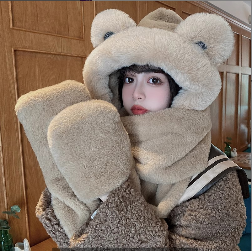 小熊帽子秋冬女围巾手套一体连帽冬季围脖可爱保暖毛绒冬天三件套