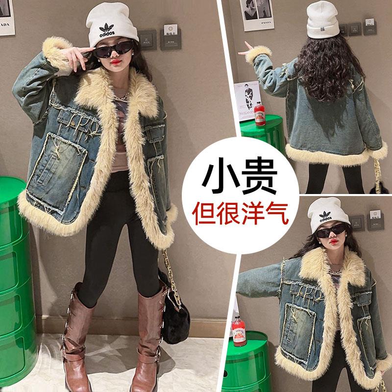 大女童装春秋冬款外套儿童女孩加绒洋派加厚牛仔派克服冬季潮8岁9