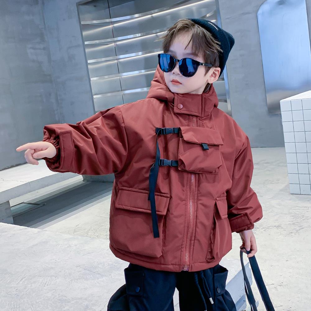 男童派克服秋冬款韩系痞帅冲锋衣儿童冬装加绒厚外套男孩工装棉服