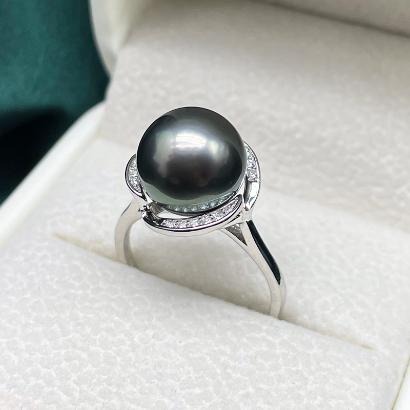 益嘉 9-11mm大溪地黑珍珠戒指925银开口送女友海水多样性发一